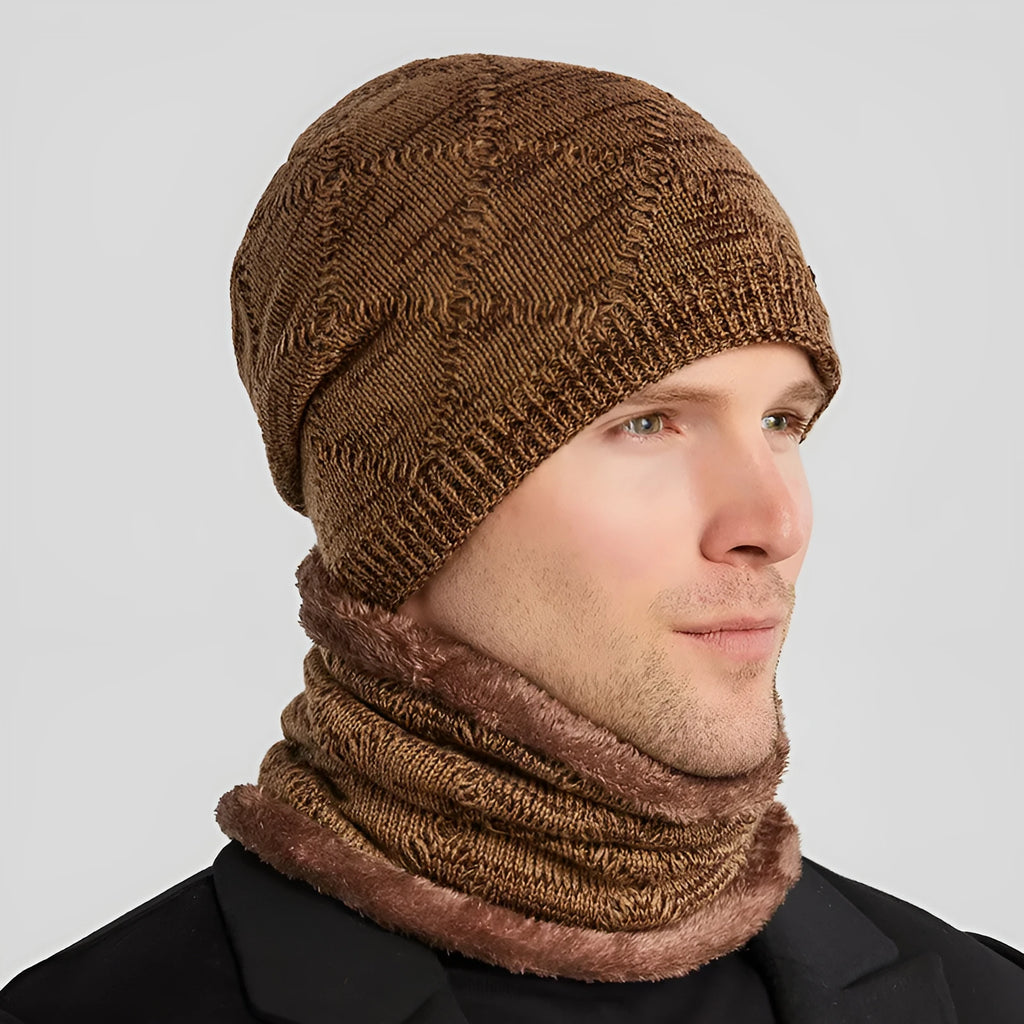 Men's two-piece wool hat and scarf set in black, with 27cm cap depth and 22cm x 20cm neck piece.