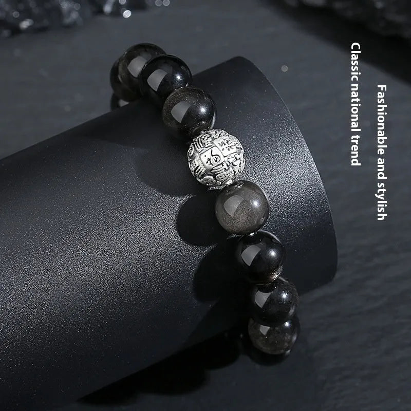 12mm obsidian geometry bead bracelet for men with Fu character and sterling silver accents