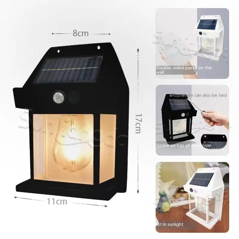 Solar tungsten wall lamp in black or white plastic with IP65 rating for outdoor garden and fence lighting