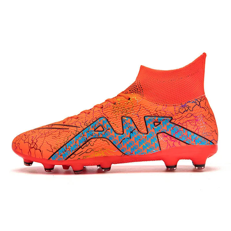High-top football boots with rubber studded sole and breathable upper, available in black gold and white orange