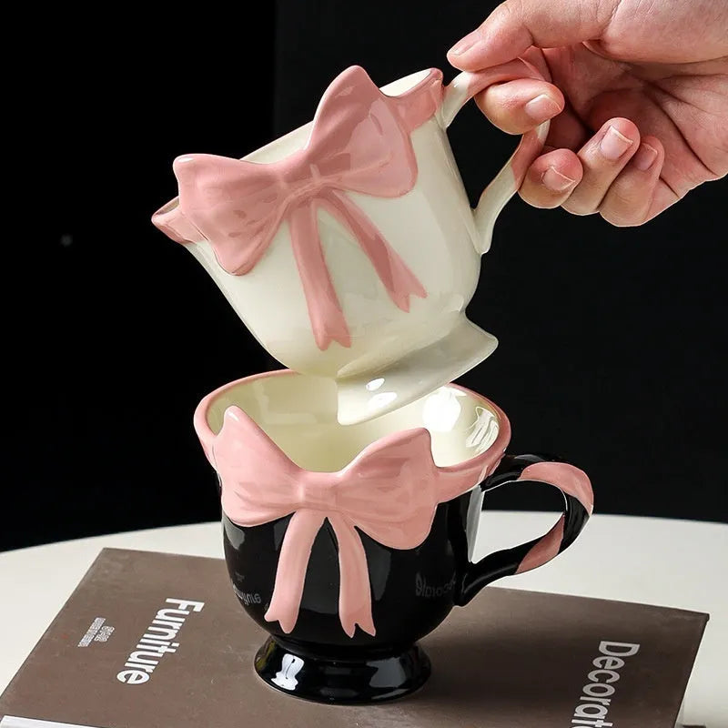 Girl heart bow design ceramic mug in white powder or black pink colour with 350ml capacity