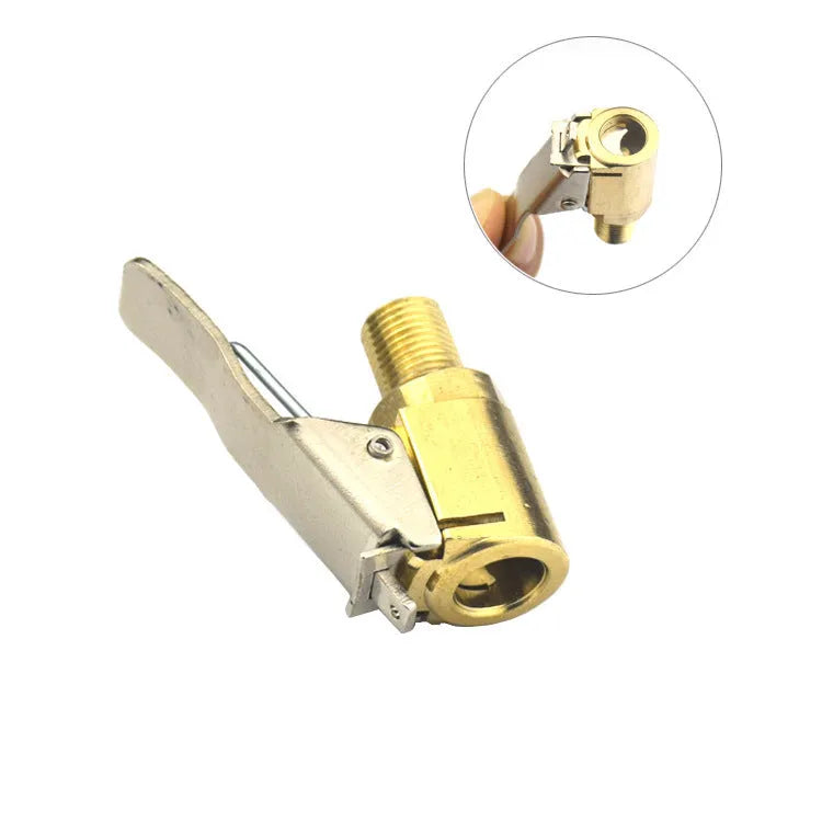 Brass tyre inflation clamp with bulging mouth connector for 8V1 valves, shown next to a car tyre.
