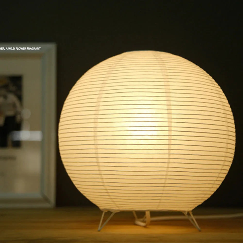 White handcrafted rice paper table lamp with plug, shown in circular and rectangle shape options.