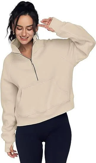 Loose lapel fleece-lined women's sweater in a solid colour with raglan long sleeves.