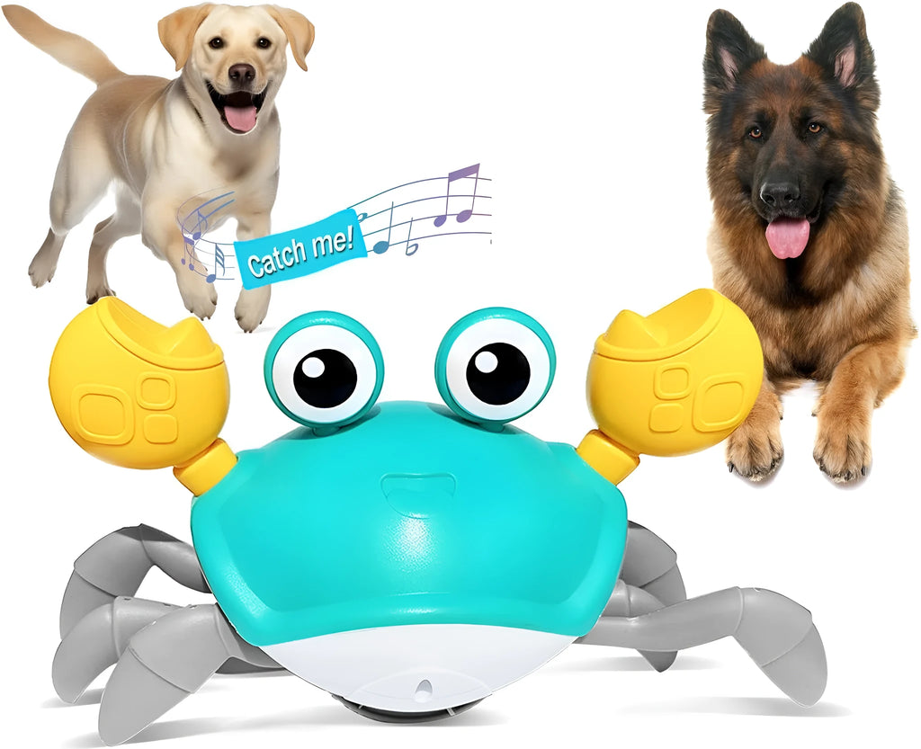 Blue electronic crab dog toy moving on floor with obstacle avoidance sensors and lights