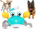 Blue electronic crab dog toy moving on floor with obstacle avoidance sensors and lights