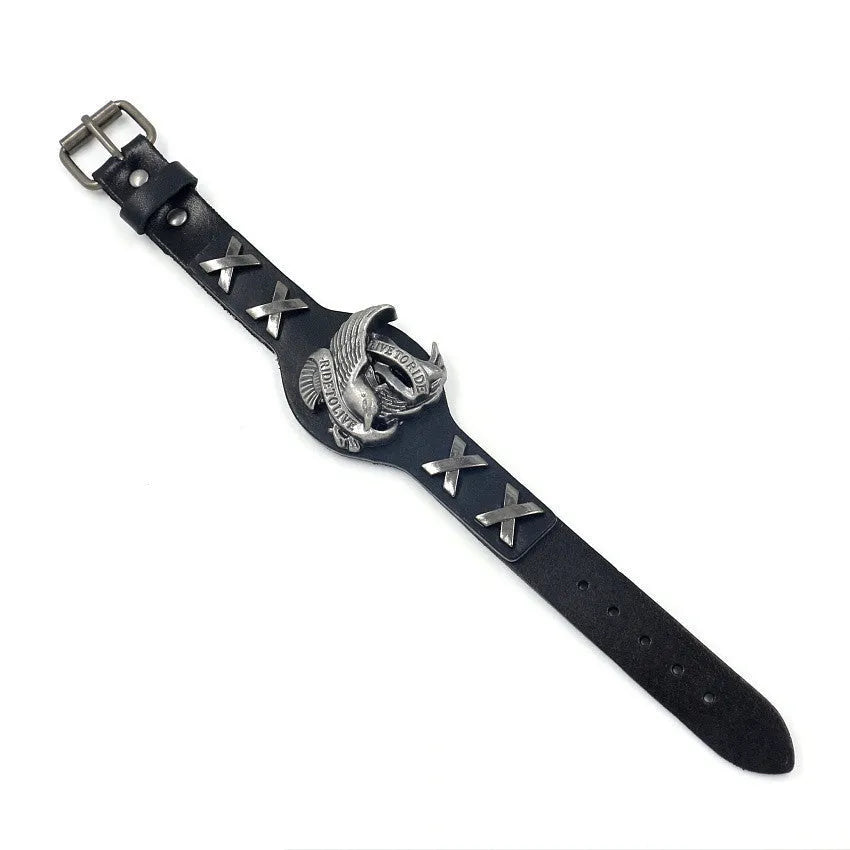 Black leather eagle geometric pattern bracelet with watch-button clasp on wrist