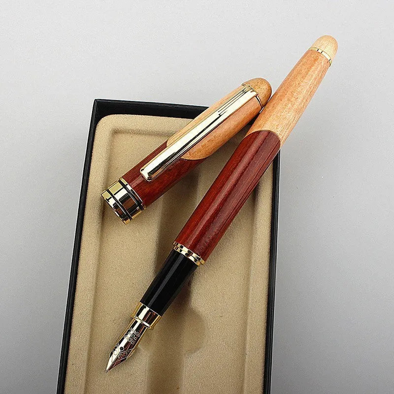 Wooden fountain pen with metal details alongside a matching fabric pen bag