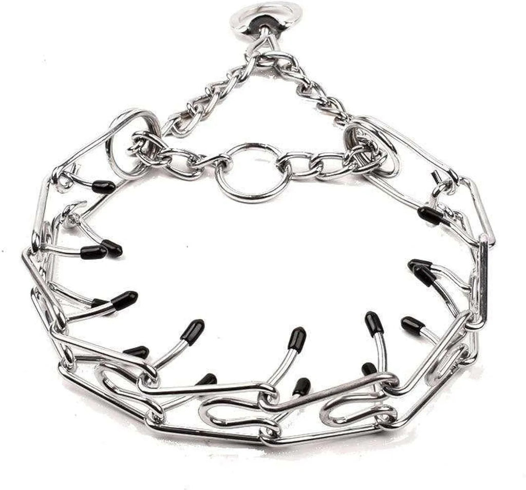 Stainless steel dog prong training collar with rubber tips showing adjustable chain links