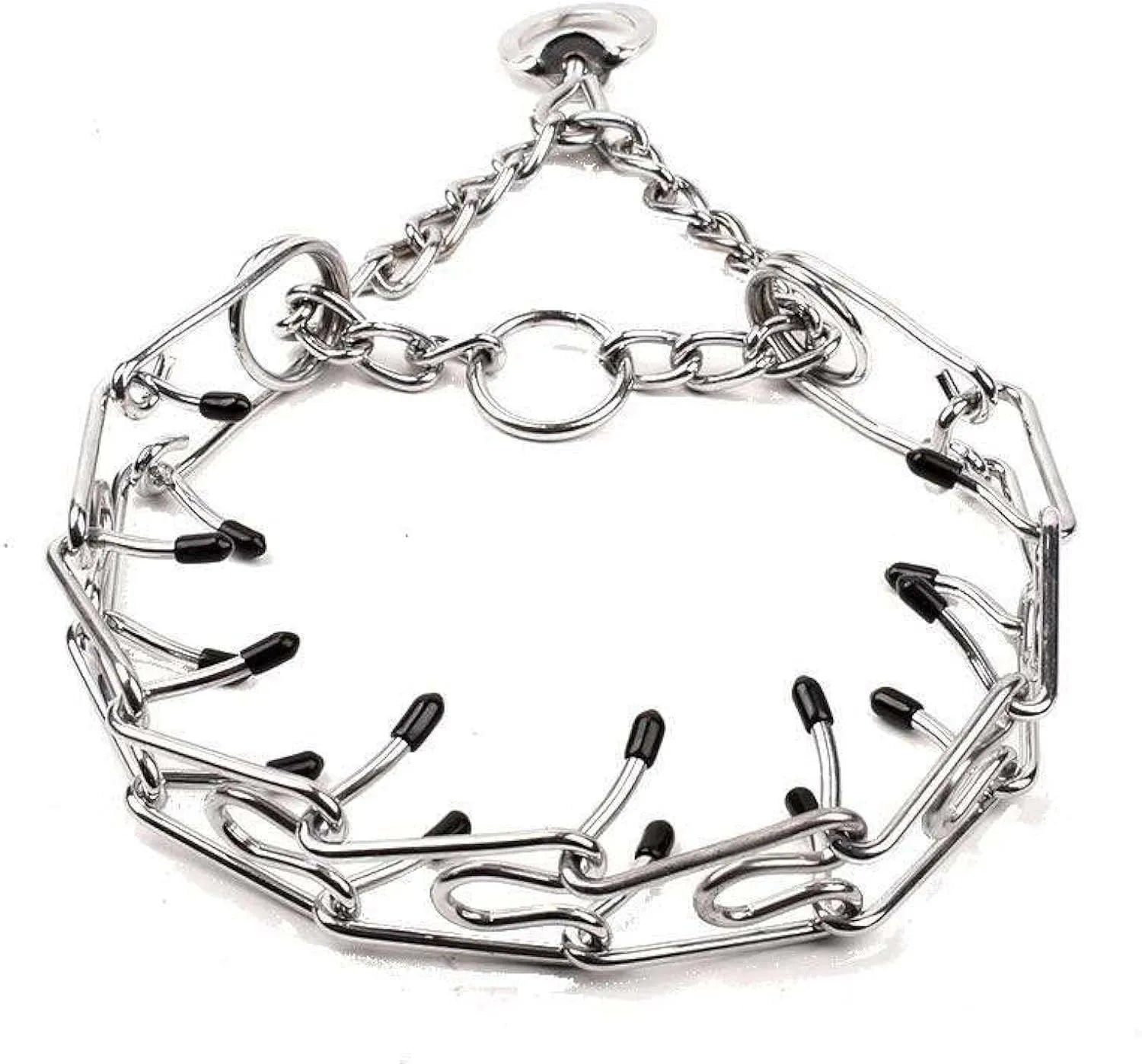 Stainless steel dog prong training collar with rubber tips showing adjustable chain links
