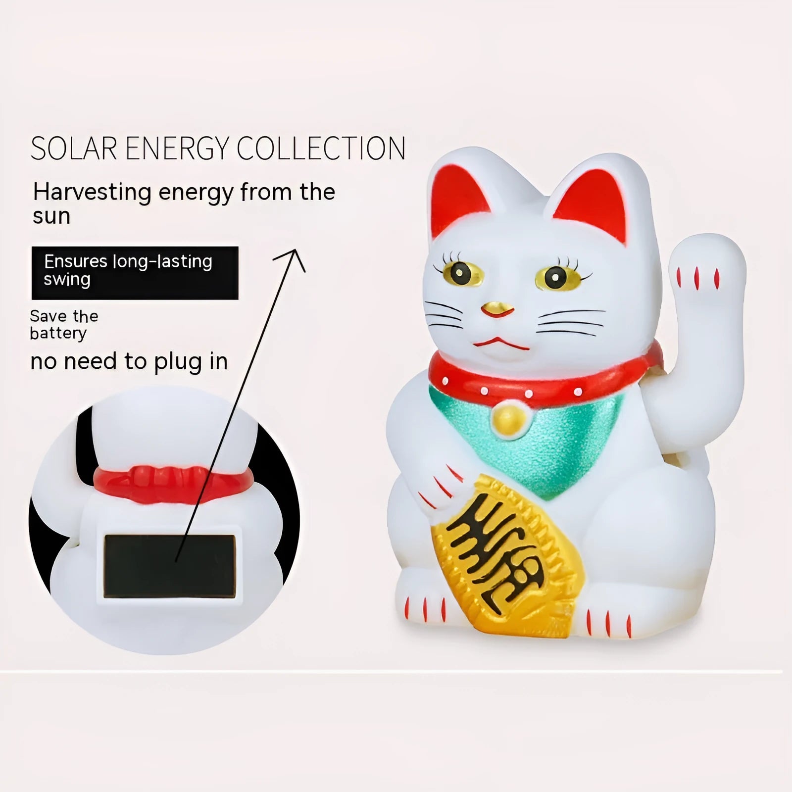 Small yellow solar-powered Maneki Neko lucky cat decoration waving, shown on a car dashboard.