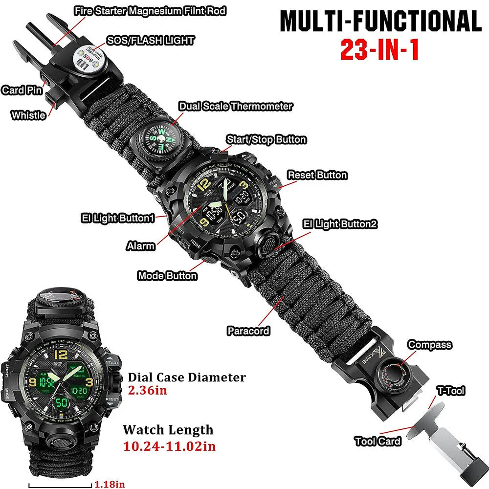 Waterproof dual display electronic tactical watch for men in black colour
