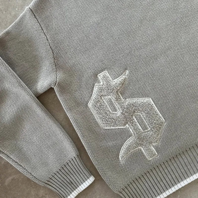 Grey jacquard loose-fitting knitwear coat with long sleeves for autumn winter wear
