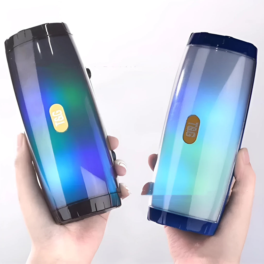 Portable Bluetooth speaker with LED colour lighting in PU leather case, showing compact rectangular design