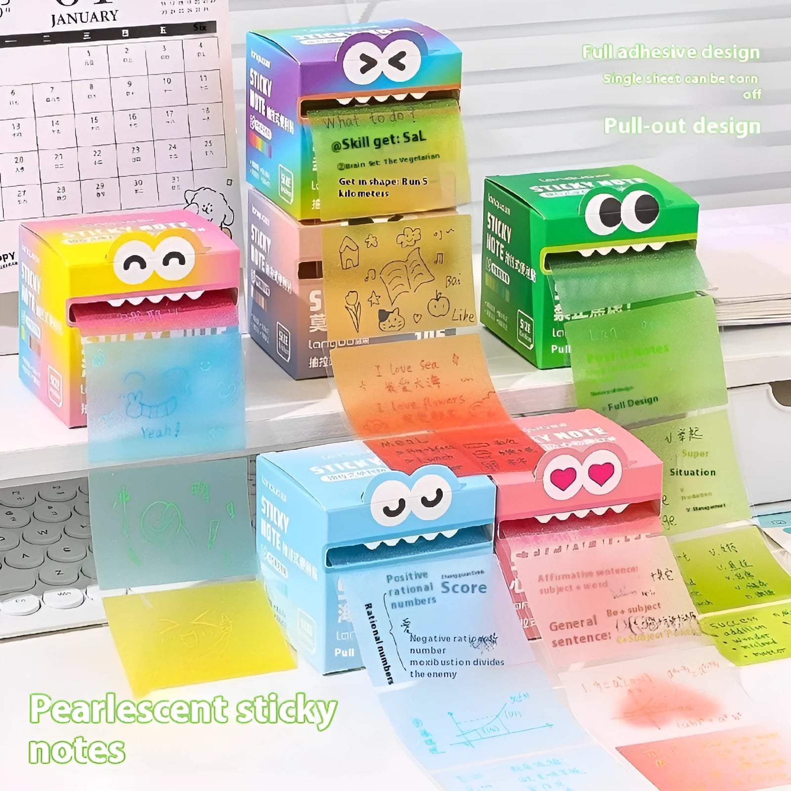 Box of pearl gradient transparent pull-out sticky notes showing 105 pages and six colour theme options.