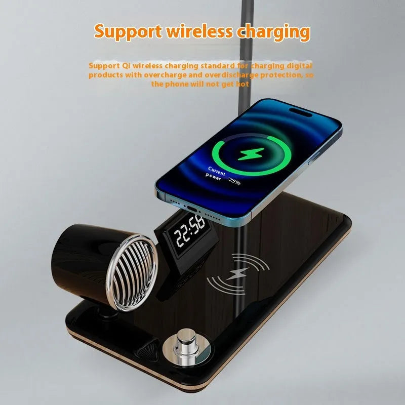 Black desk lamp with wireless charging pad, digital clock display, and adjustable lighting