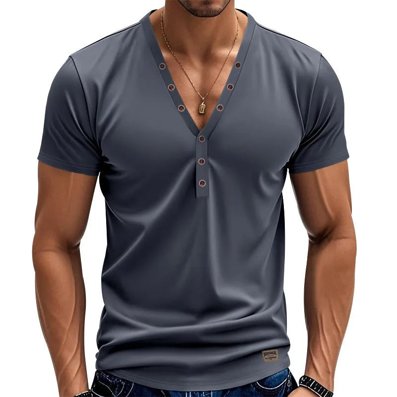 Men's loose V-neck casual top with button detail in chemical fibre blend fabric