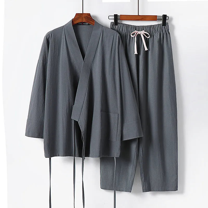 Cotton linen cardigan hanfu two-piece set showing shirt style top with cut sleeves and matching pants