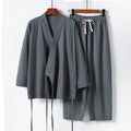 Cotton linen cardigan hanfu two-piece set showing shirt style top with cut sleeves and matching pants
