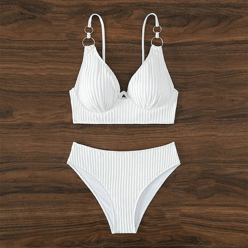 Women's two piece bikini swimsuit in polyester with bra top and panties, available in white, black, green, or rose red