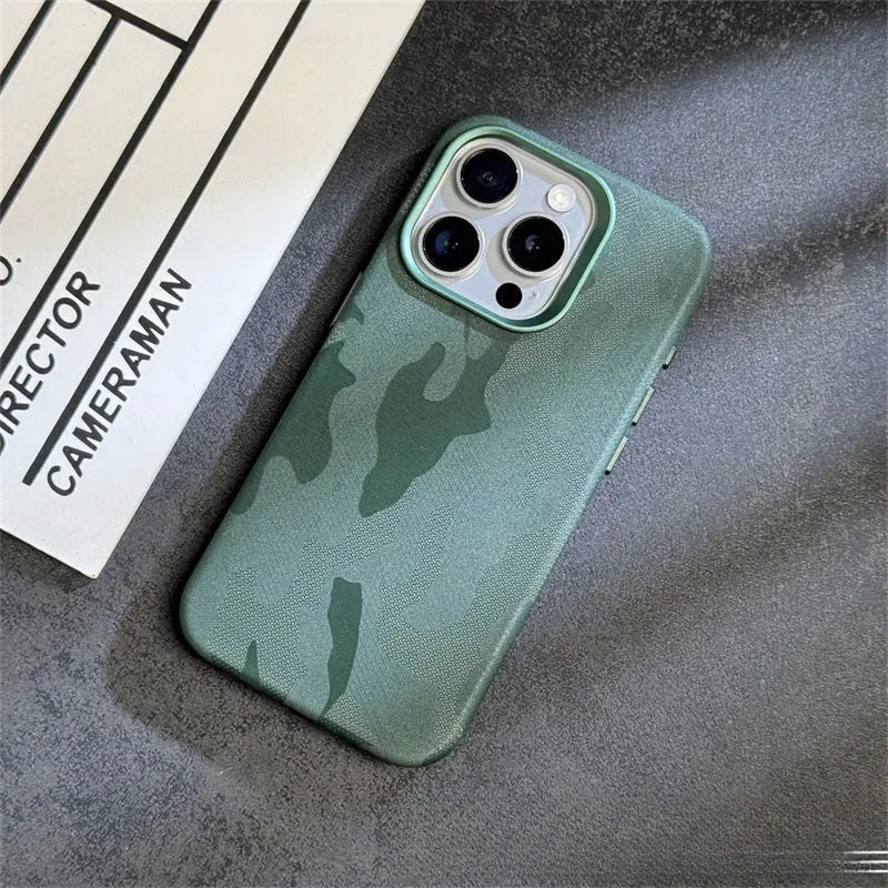 Camouflage imitation leather magnetic phone case for iPhone with shockproof and drop-resistant design