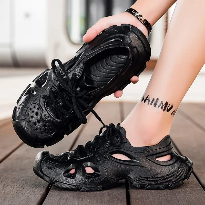 Men's black lace-up sports sandals with EVA sole showing round toe and front-laced design