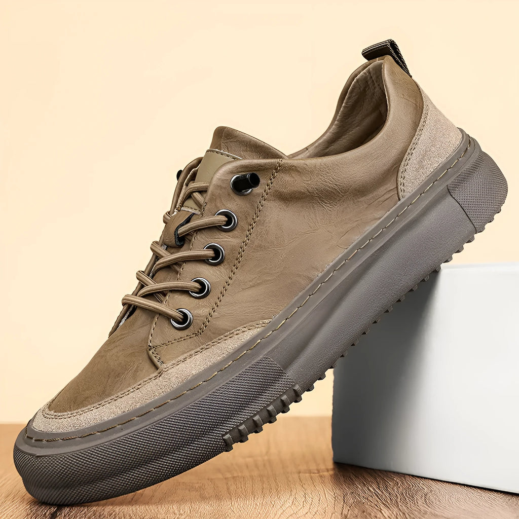 Men's black round toe leather casual shoes with microfiber uppers and rubber soles shown from side view