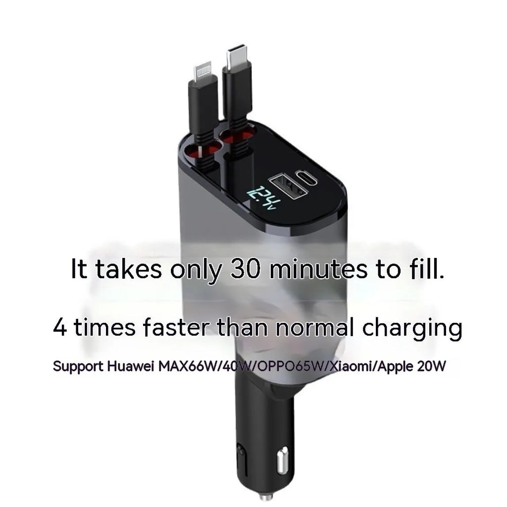 Black universal car charger with four USB ports plugged into a vehicle cigarette lighter socket.