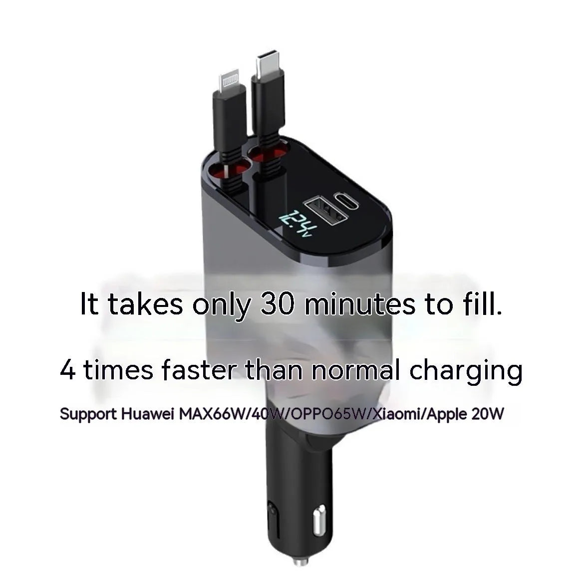 Black universal car charger with four USB ports plugged into a vehicle cigarette lighter socket.