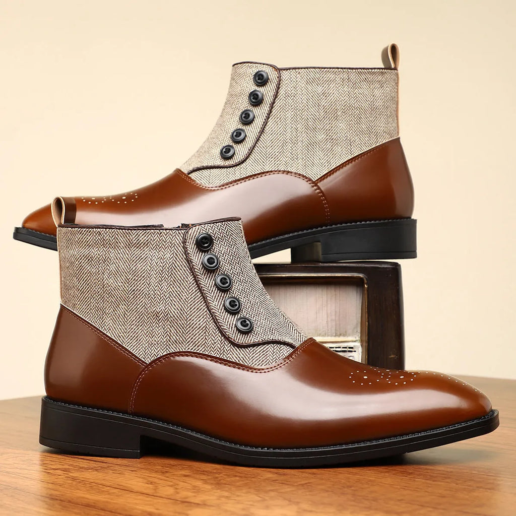 Men's brown retro business shoe with side zipper and square toe on a plain background.