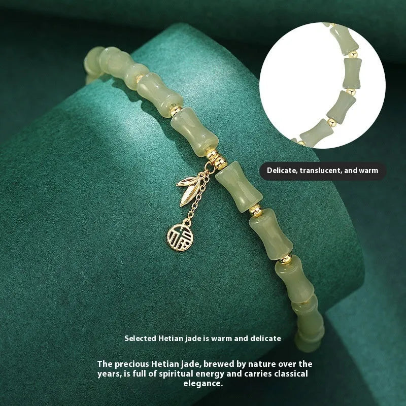 Green Chinese bamboo design Hetian jade bracelet and matching necklace set