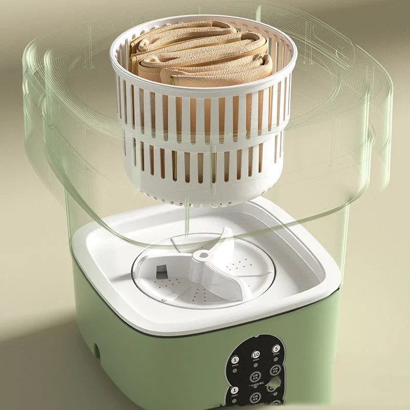 Foldable portable mini washing machine in green colour with drain pipe and basket