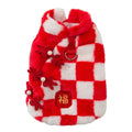 Red and white checkered plush pet vest with Qipao knot buttons and golden Fu embroidery for Chinese New Year