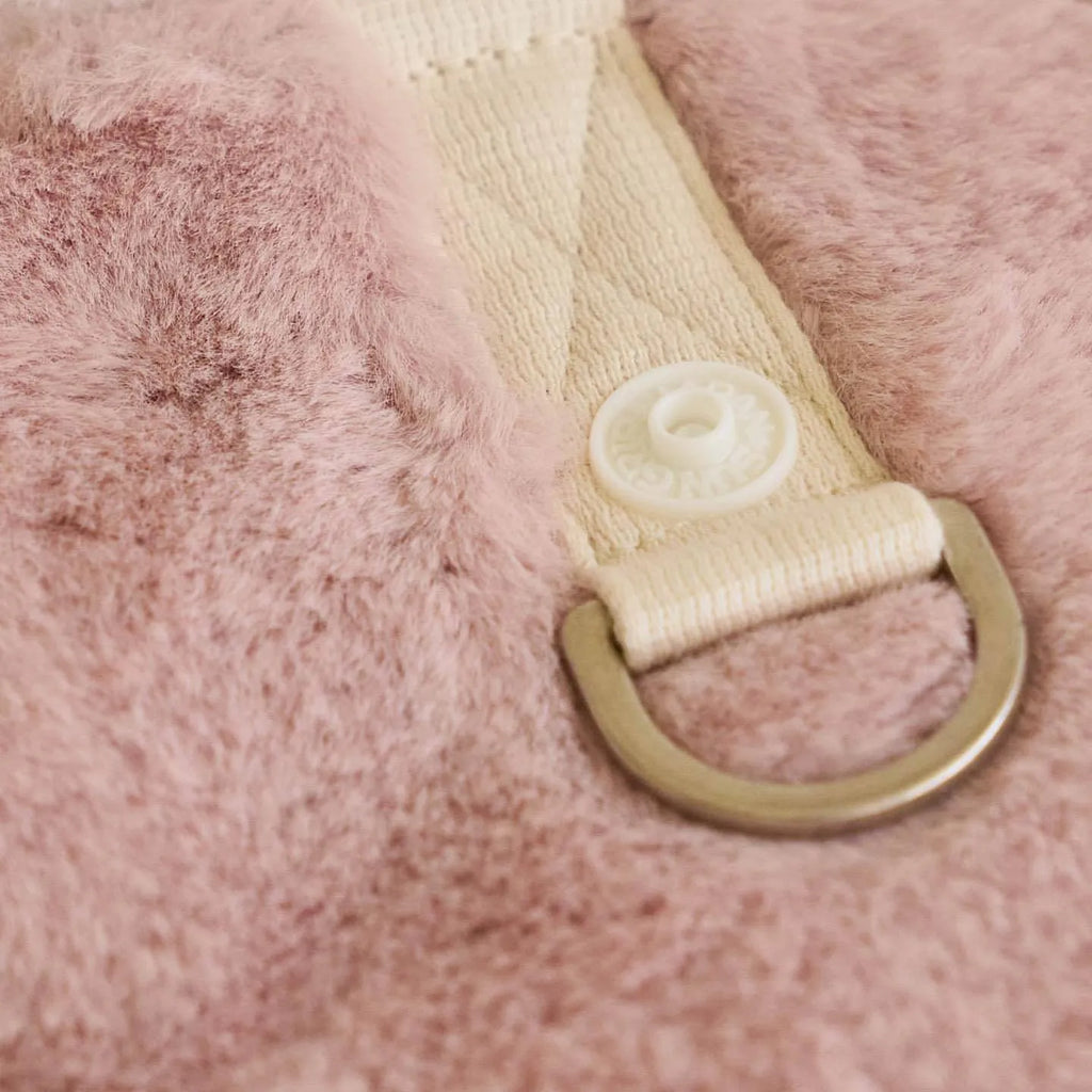 Light pink polyester coat for a dog, showing casual styling and a size range from XS to XL.