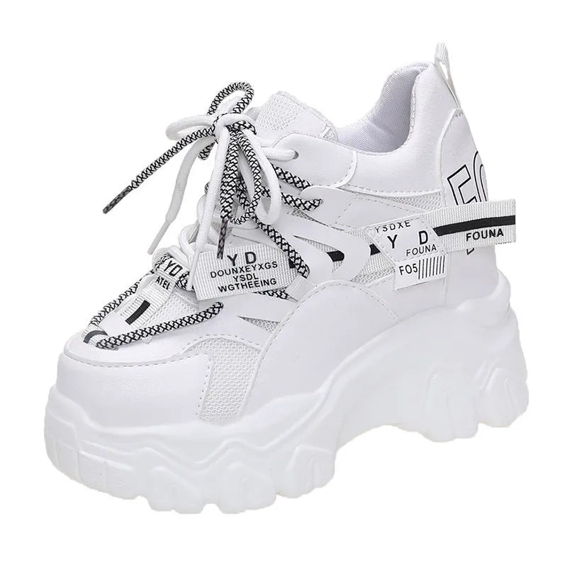 Women's white breathable mesh platform sports shoes with cross strap and 6-8 cm heel.