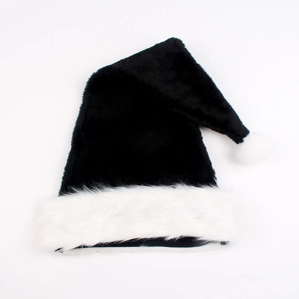 Large red and black plush Christmas hat with classic European design, shown next to a white and black version.