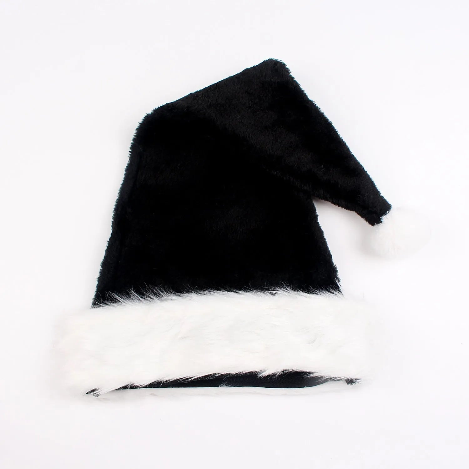 Large red and black plush Christmas hat with classic European design, shown next to a white and black version.