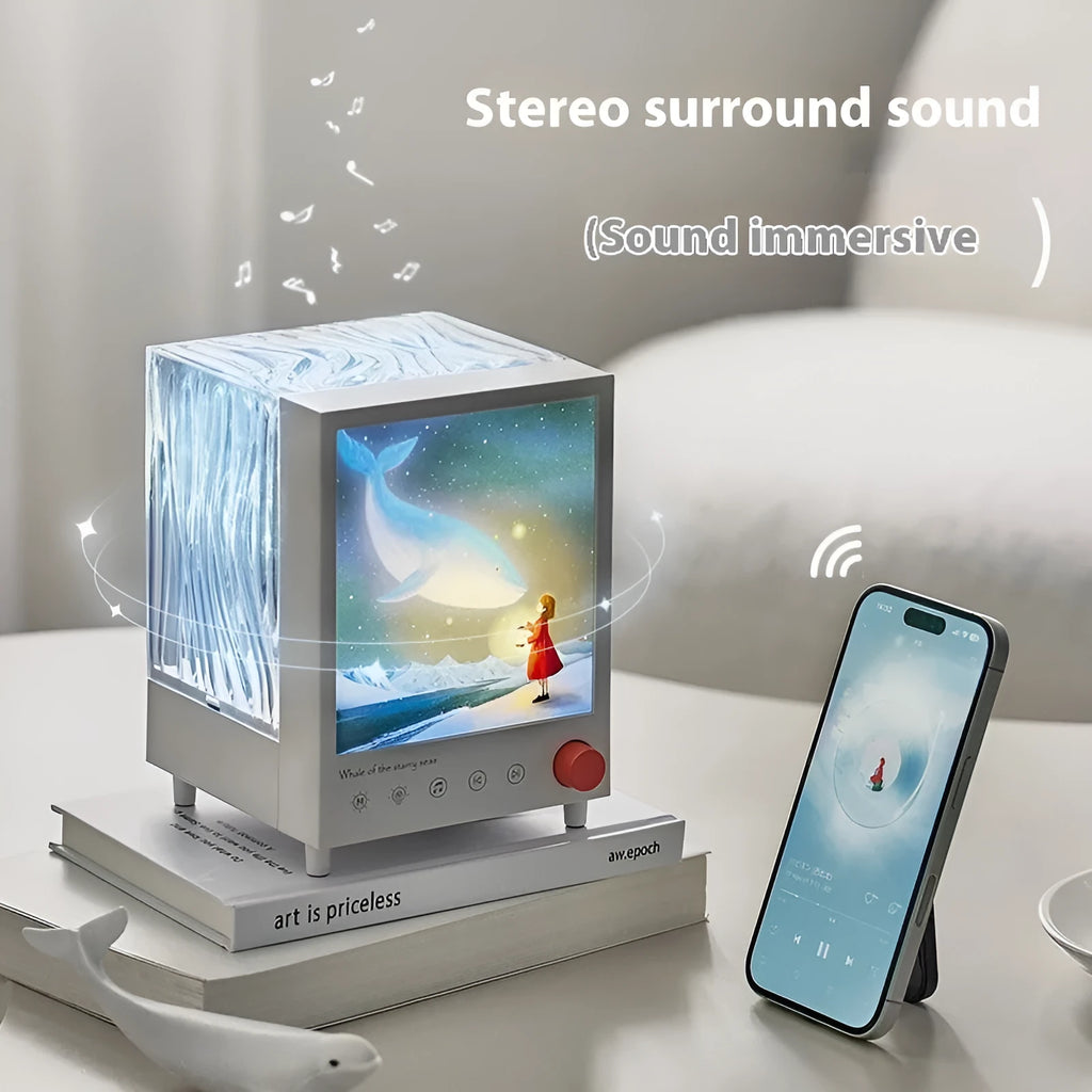 Aurora Treasure Box compact projection lamp showing Star Sea Whale light effect.