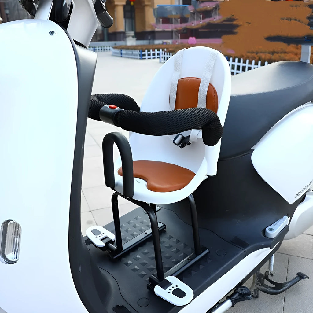 Front-mounted child safety seat for electric scooter in black, red, or white.
