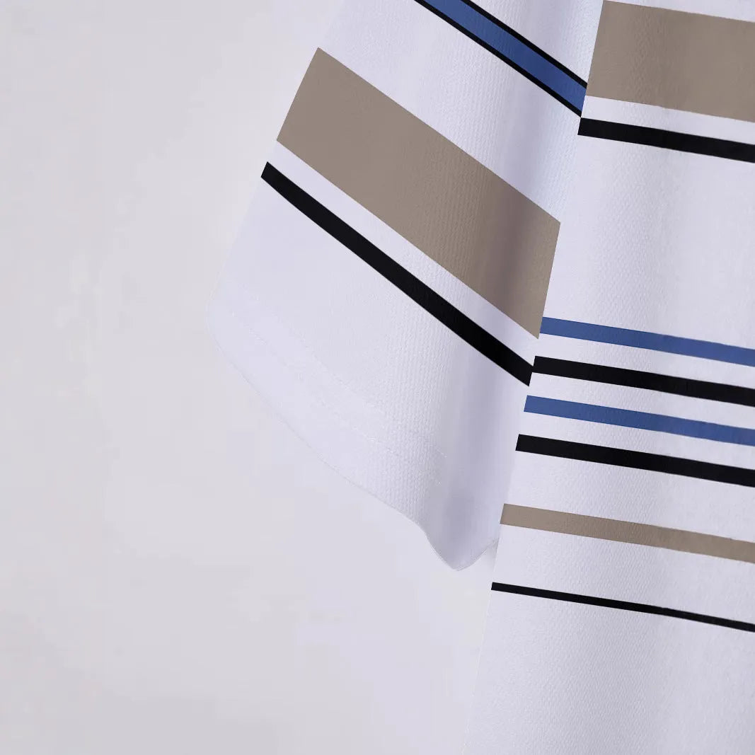 Men's white striped short sleeve polyester t-shirt for summer business casual wear