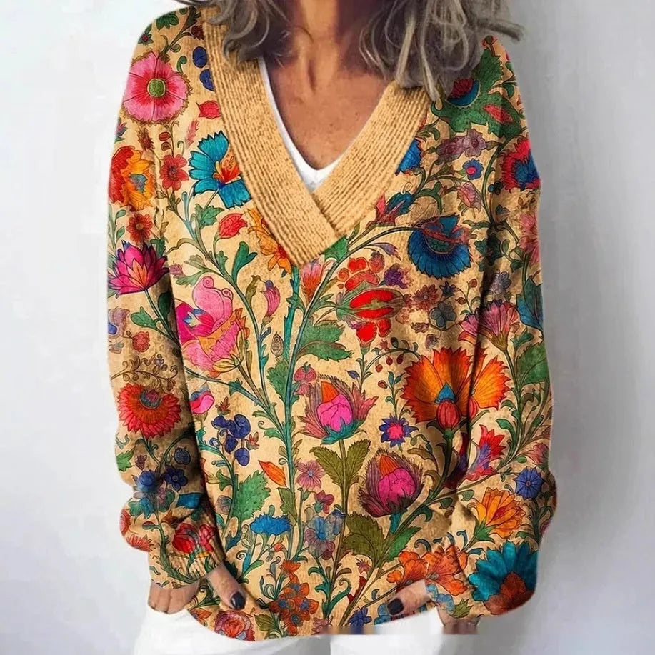 Women's V-neck sweatshirt with 3D floral pattern print and long sleeves in casual pullover style