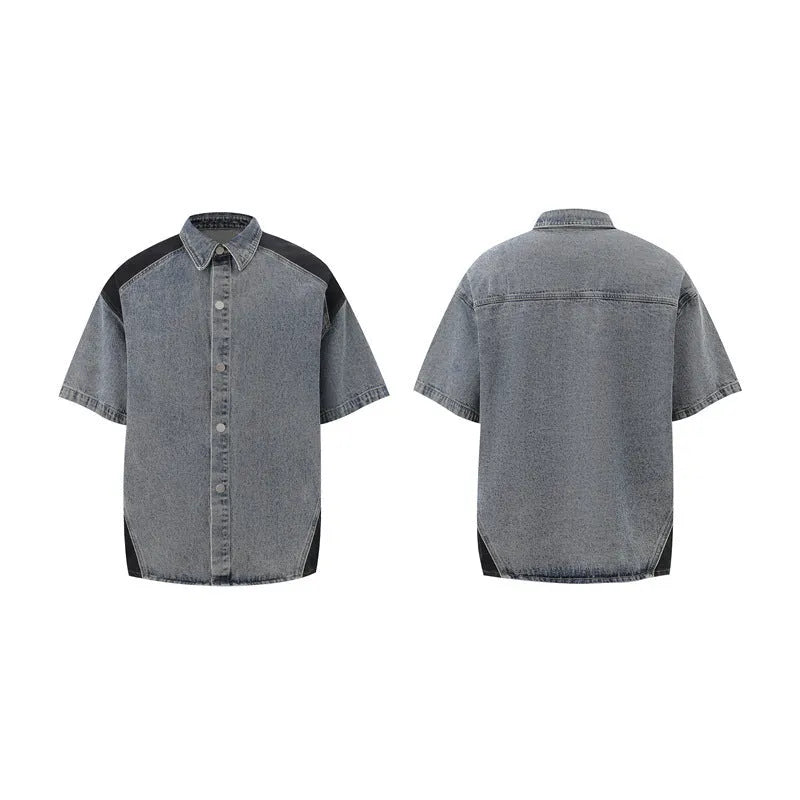Retro washed denim suit set with short-sleeved jacket and trousers in black or blue street style