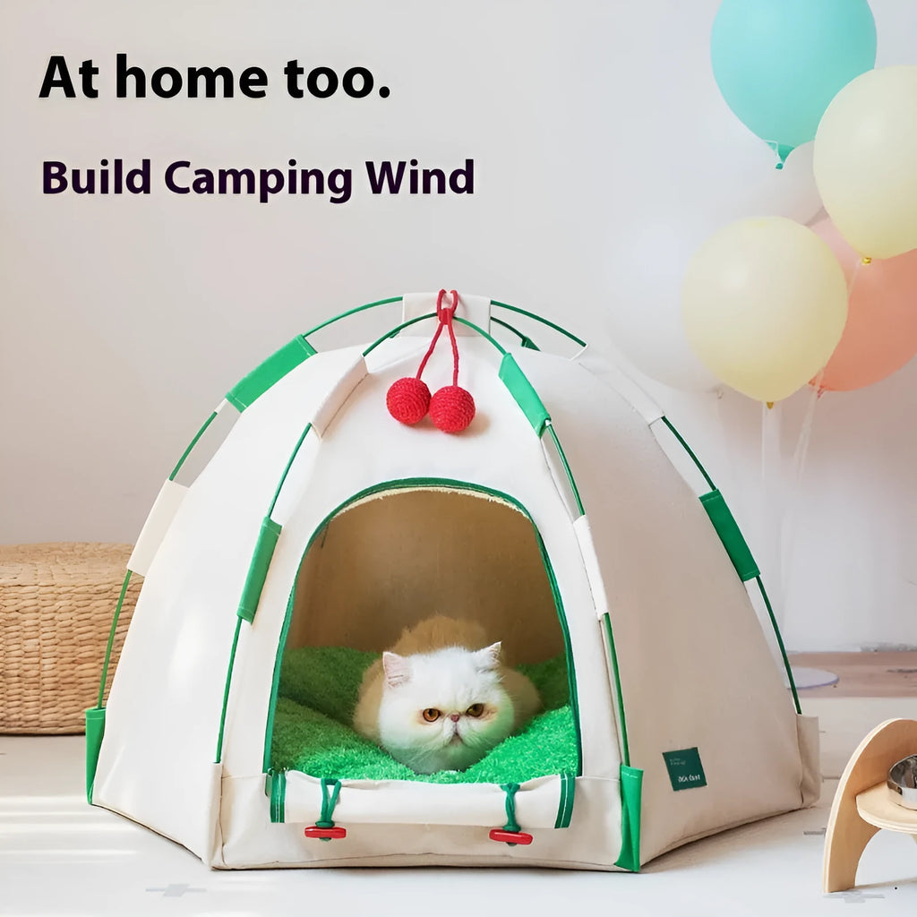 Dome-shaped cloth cat tent with optional thick pad for indoor pet sleeping