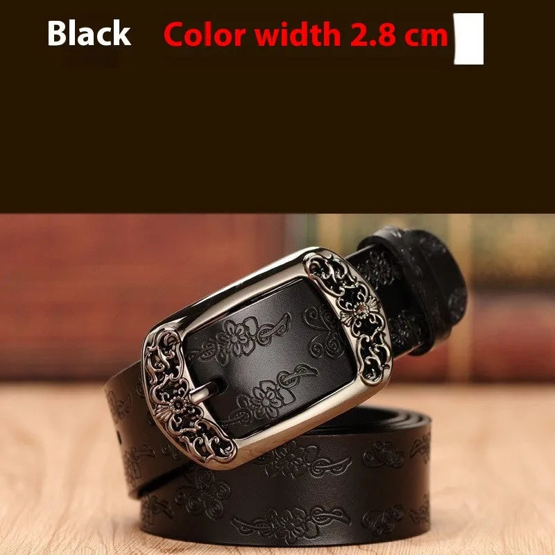 Women's thin PU leather decorative belt with alloy buckle pair in black or brown
