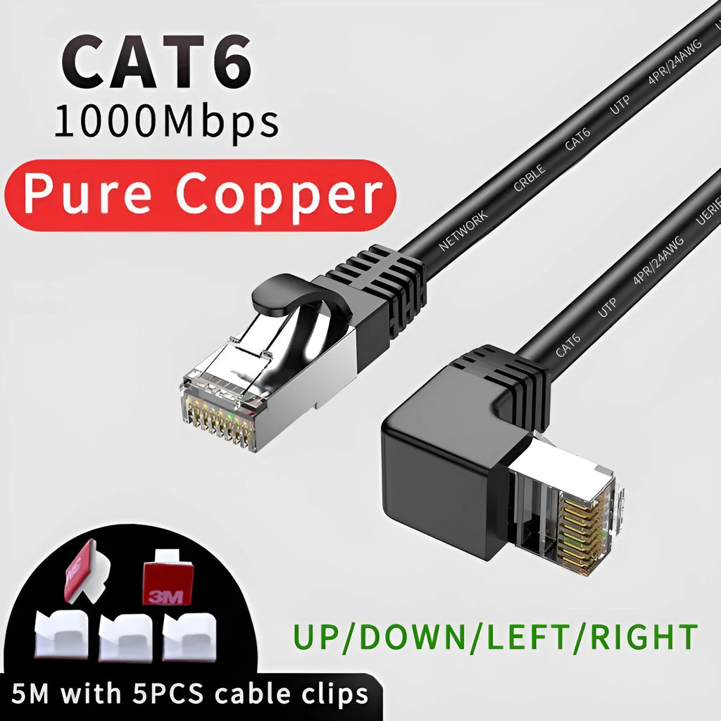 Cat6 Ethernet cable with right-angled metal RJ45 connector in various colour options