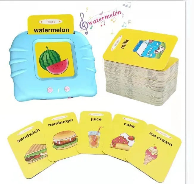 Blue children's English learning machine with audio cards showing dimensions 18cm long × 9.7cm wide