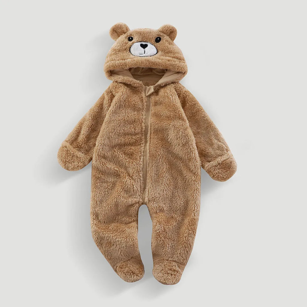 Boys and girls jumpsuit thermal pajamas in dark khaki cloth colour, thickening polyester fibre sleepsuit for babies and toddlers.