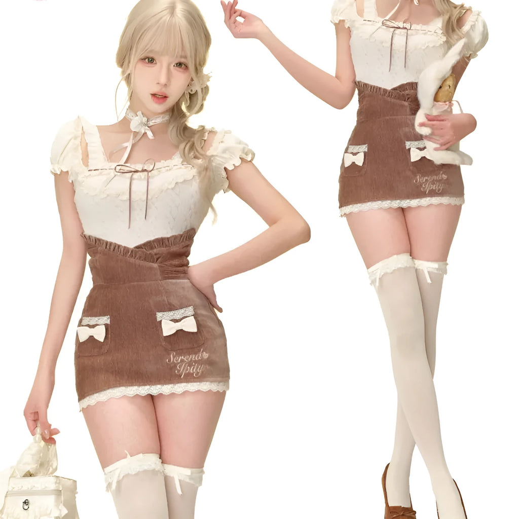 Three-piece apricot knitted top, brown hip skirt, and apricot shawl co-ord set on display