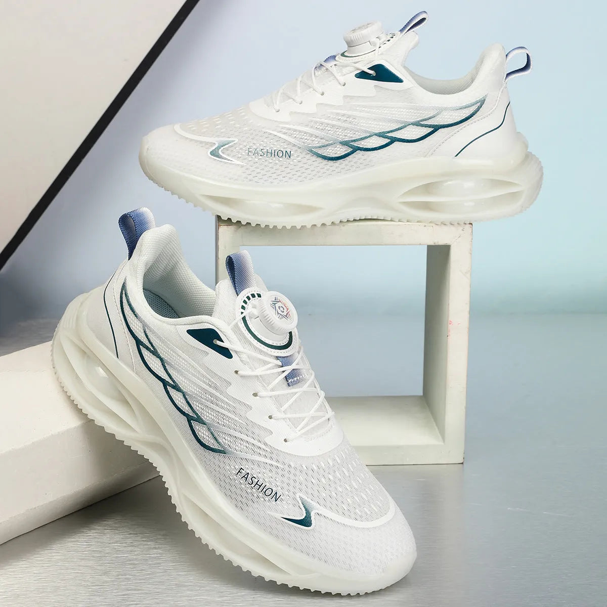 Unisex casual running shoes in black gold, sky blue, and white colours, showing low top design and mesh upper.