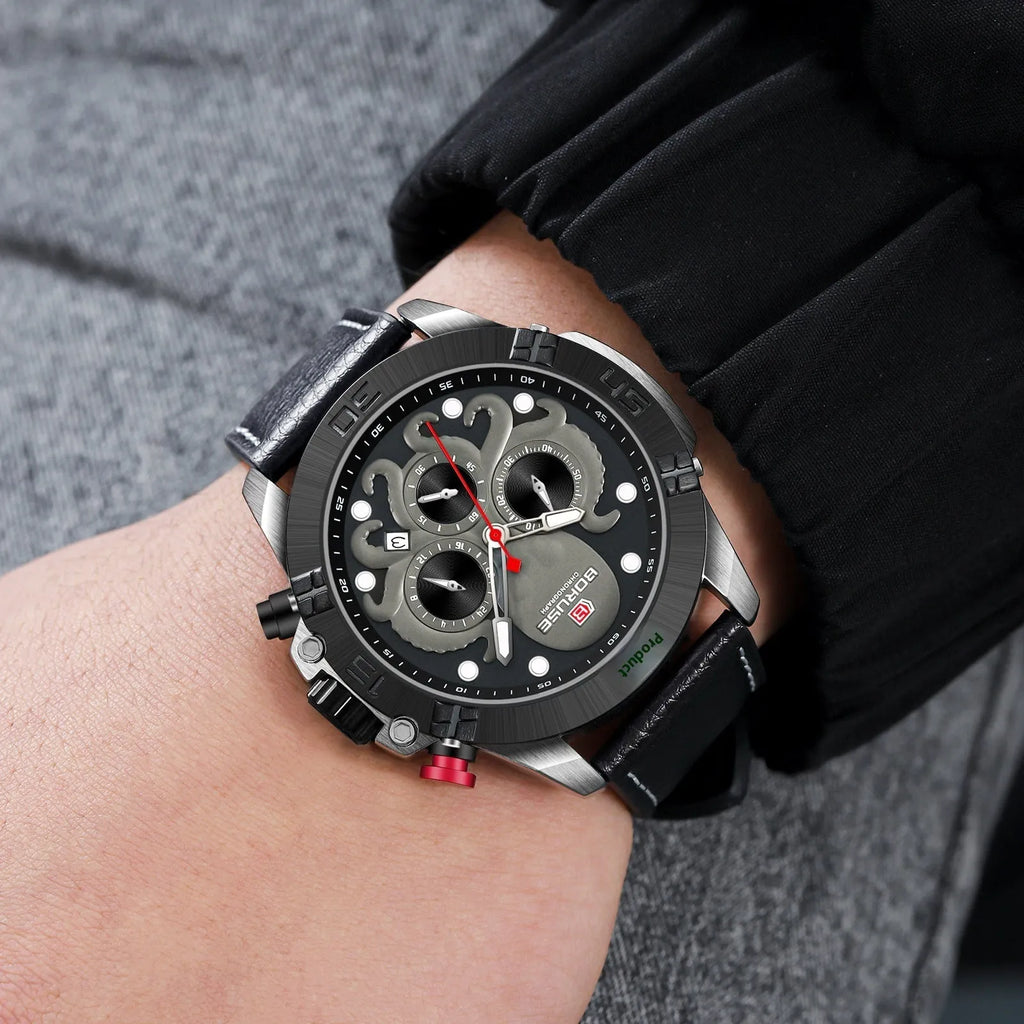 Octopus waterproof men's watch with luminous display and 13mm thickness in black or blue colour options